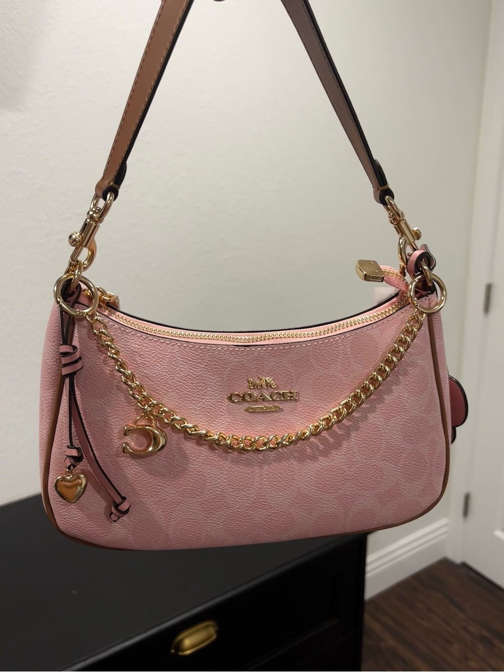Coach Pink Teri Charm Leather Shoulder Bag with Gold Chain & Charm